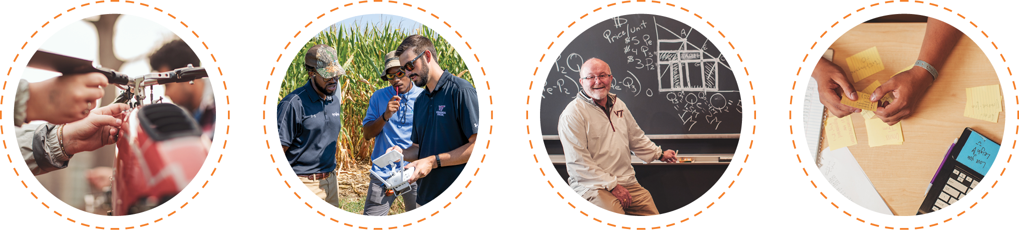 Four images of a drone, three students in a field, a professor at a chalkboard, and a student at a desk.